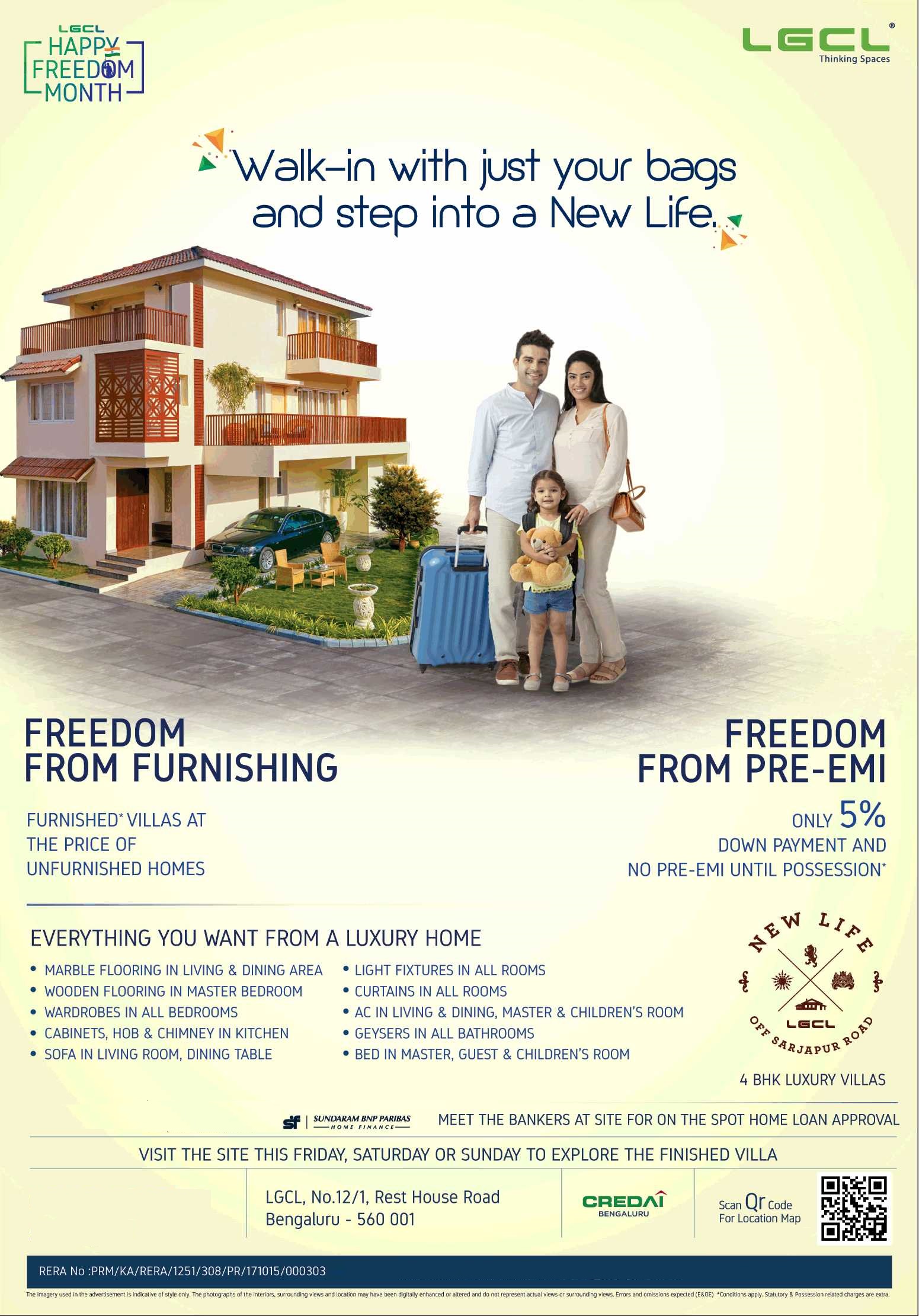Pay only 5% down payment & no pre EMI till possession at LGCL Newlife in Bangalore